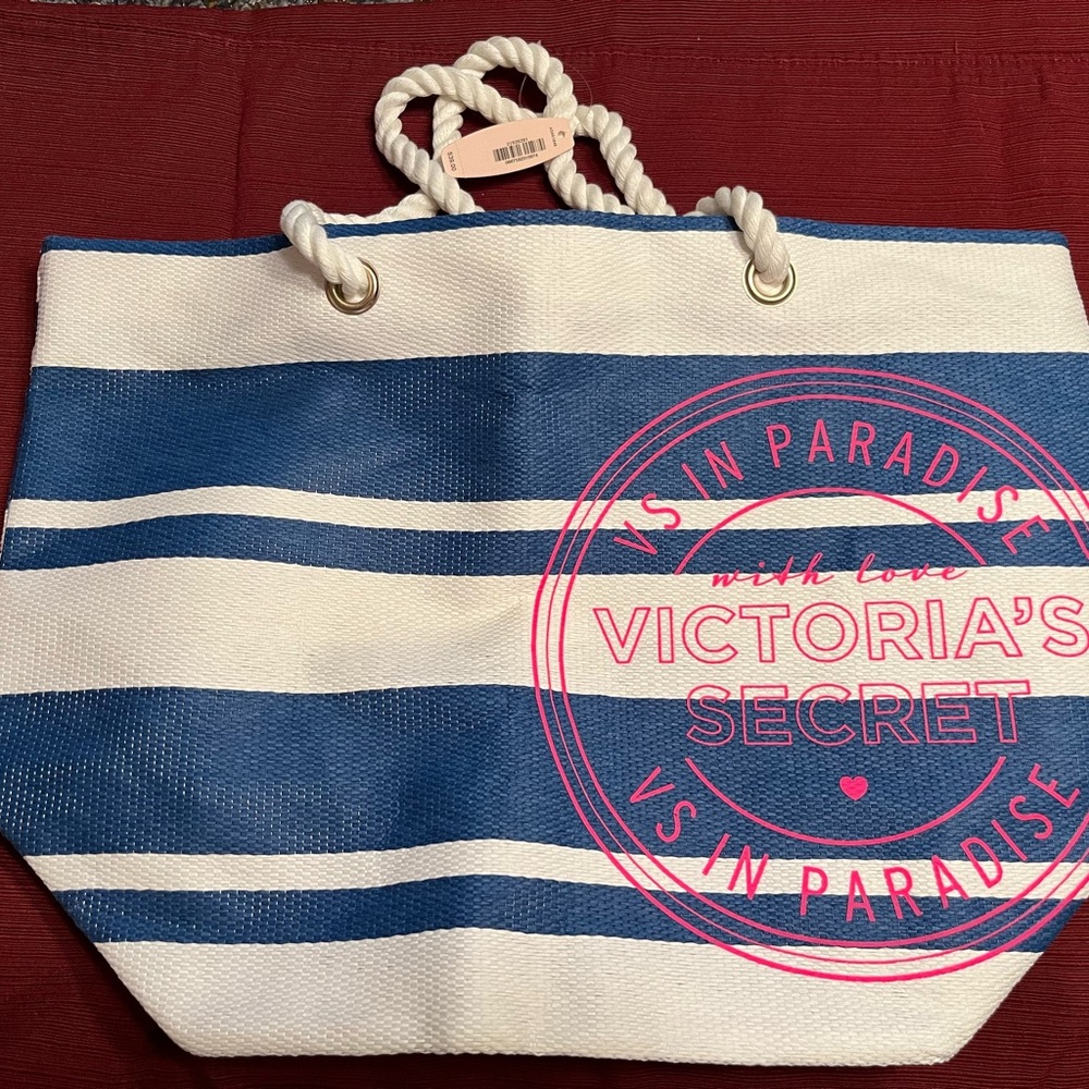 Victoria’s Secret Woven Straw Blue Stripe Beach Tote Bag
